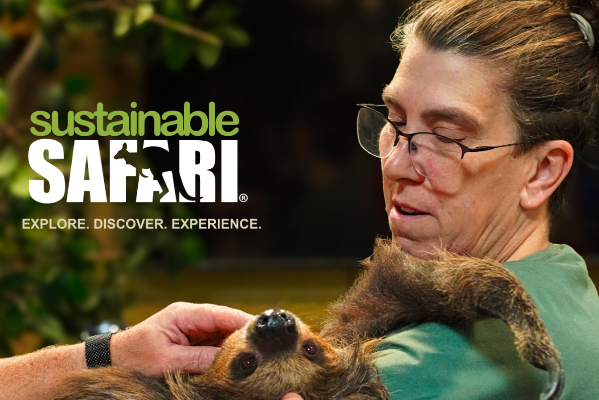 Woman holding a small monkey beside “Sustainable Safari” logo and tagline