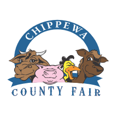 Logo for the Chippewa County Fair featuring a cow, pig, chicken, and sheep on a blue and white background.