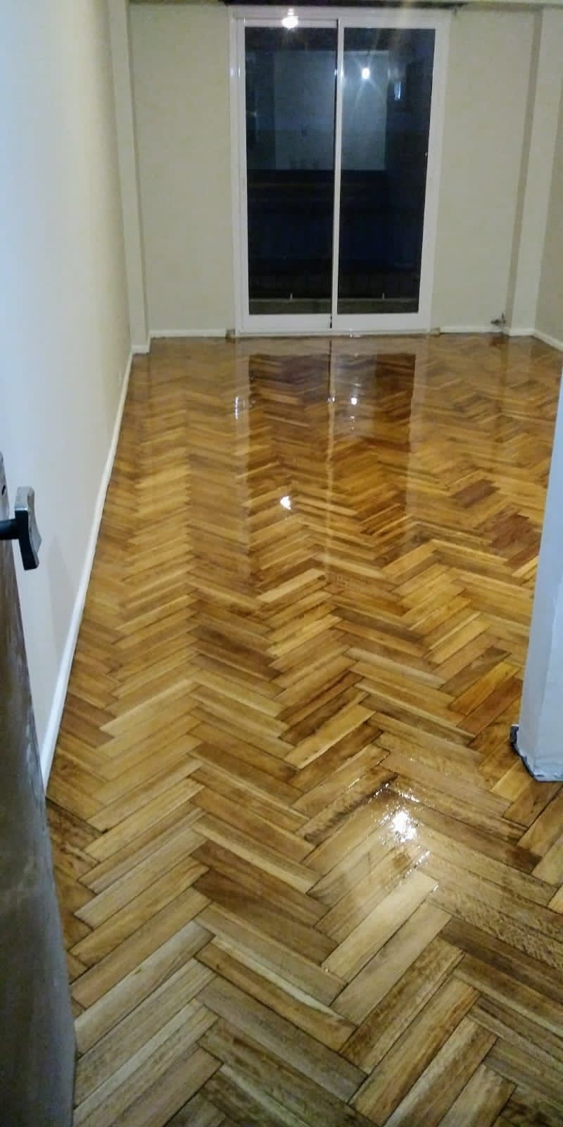 Pasillo vacío con suelo de madera brillante en espiga y puerta corredera de cristal al final.