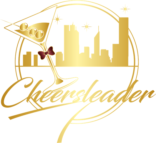 Gold cheerleader logo with city skyline, megaphone, and cursive text on white background