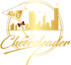 Gold cheerleader logo with skyline, megaphone, and cursive &ldquo;Cheerleader&rdquo; text