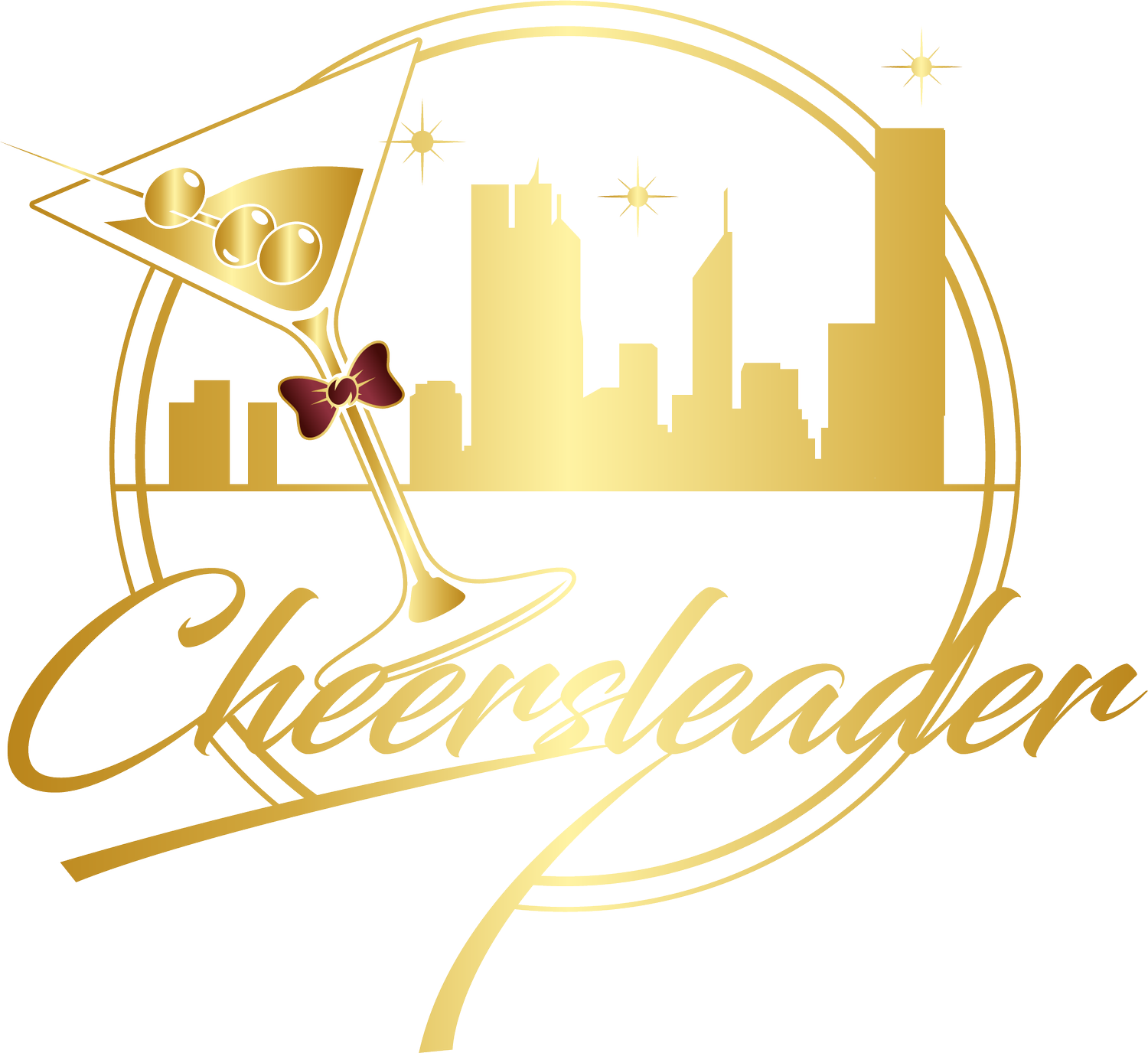 Gold cheerleader logo with skyline, megaphone, and cursive “Cheerleader” text