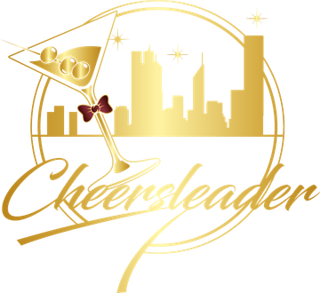 Gold cheerleader logo with skyline, megaphone, and cursive &ldquo;Cheerleader&rdquo; text