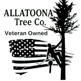 Logo for Allatoona Tree Co. with a tree climber on a trunk in front of an American flag; text reads