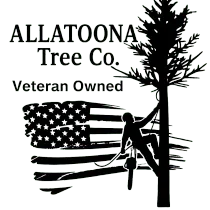 Logo for Allatoona Tree Co. with a tree climber on a trunk in front of an American flag; text reads