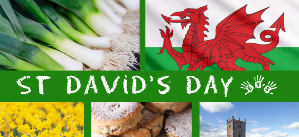 St David's Day celebration banner with leeks, Welsh flag, daffodils, Welsh cakes, and church.