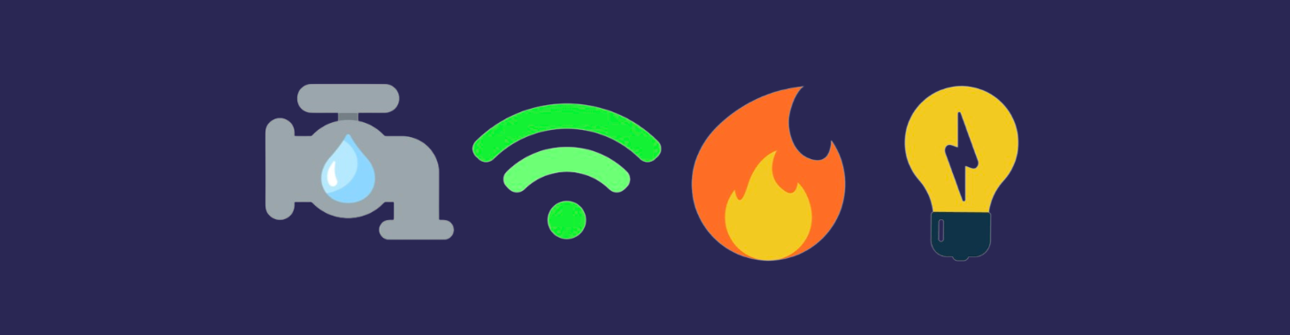 Icons for water, Wi-Fi, fire, and light bulb on a blue background.