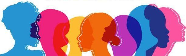 Silhouettes of diverse women in various colors, side profiles overlapping.