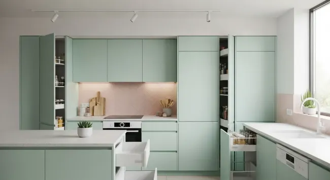 Kitchen with oak cabinets, black appliances, and protective floor covering.