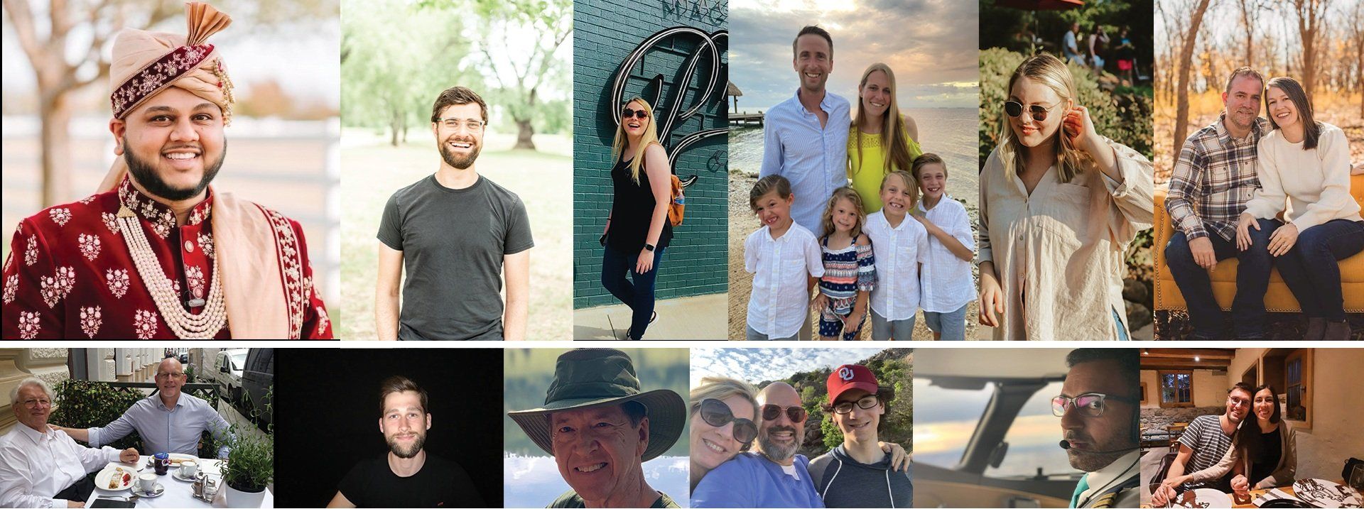 Collage of smiling people outdoors and indoors at a festive event, including portraits and group scenes