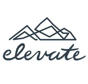 Stylized mountain outline above the word “elevate” in dark blue script on white background