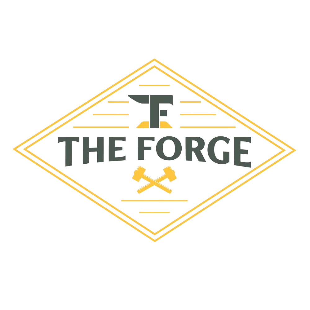 “The Forge” logo with a gold diamond outline and crossed hammers on a white background