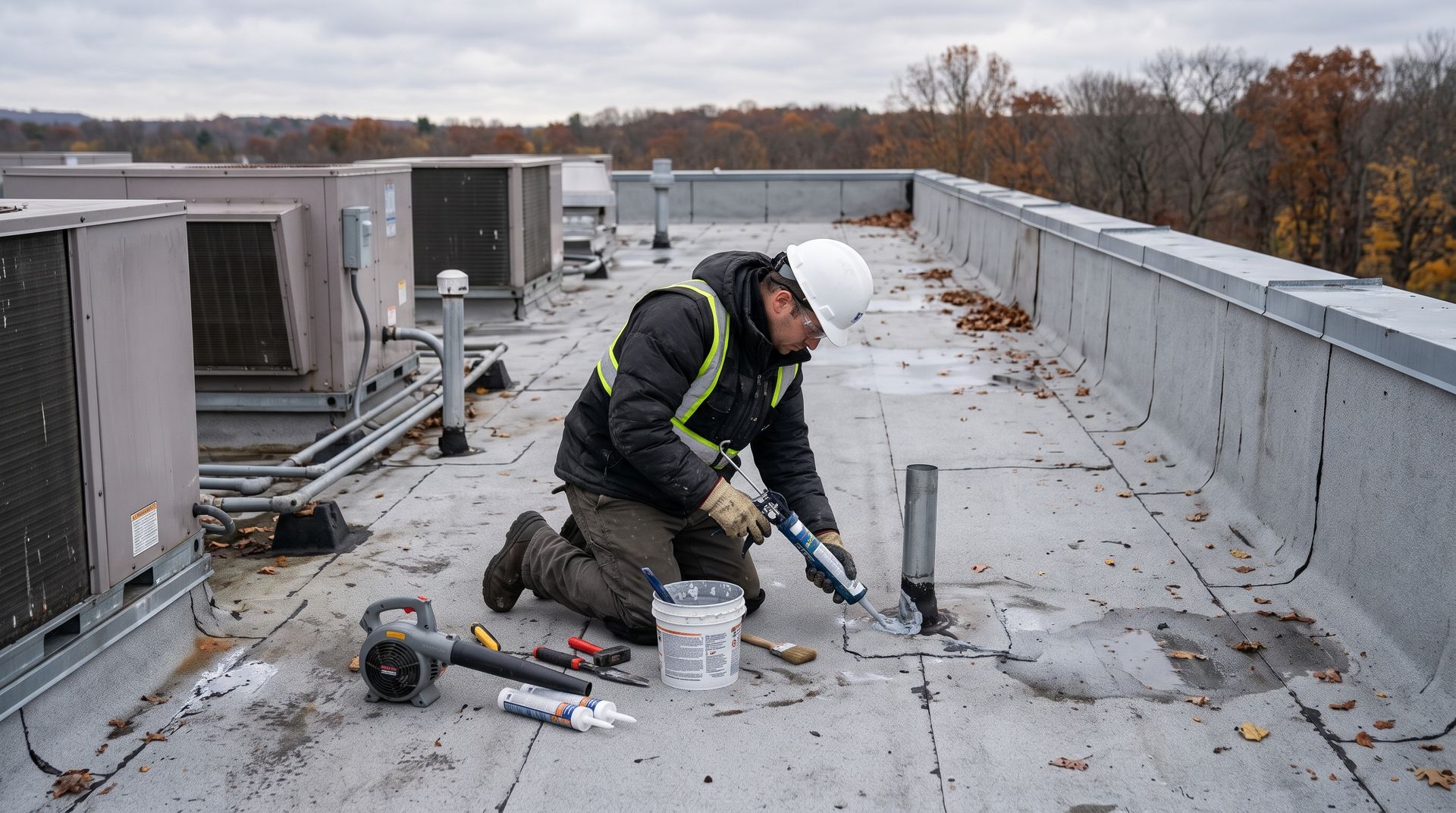 Worker kneeling on a flat roof, repairing a vent or seam near HVAC units on an overcast day.