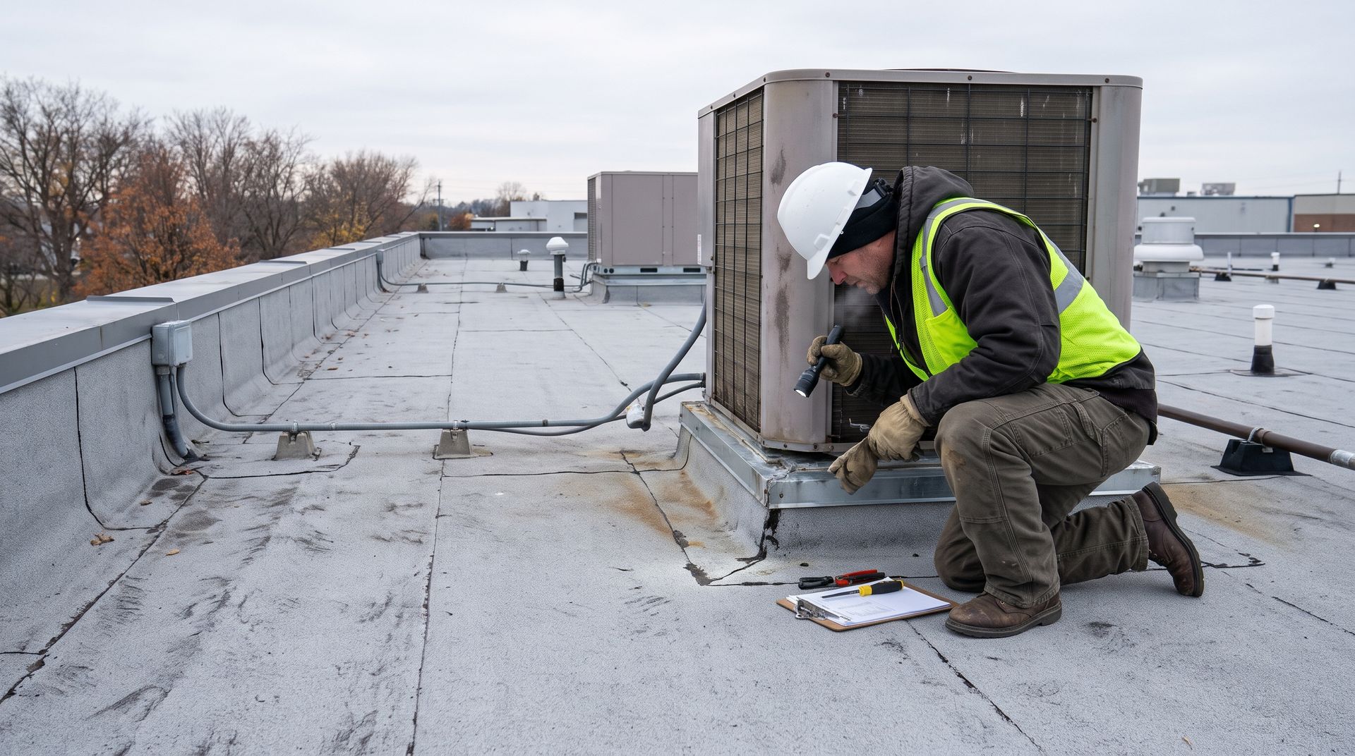 Worker in safety vest and hard hat inspecting a flat rooftop HVAC unit.