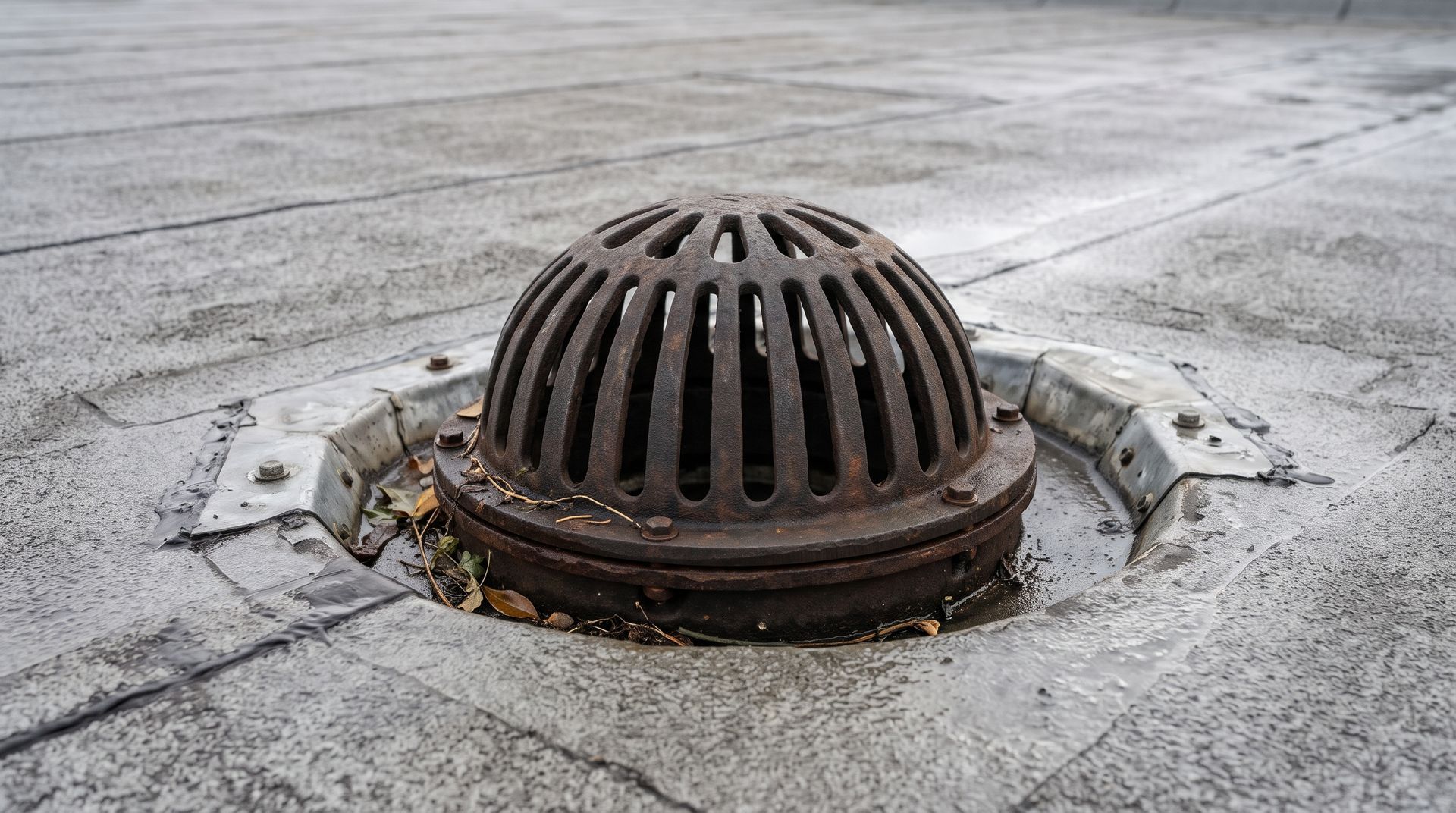 Rusty storm drain grate in a concrete pavement