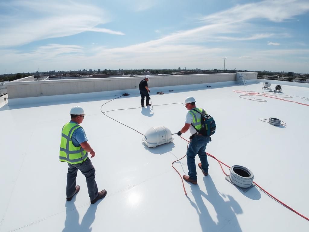 Workers on a white rooftop in safety vests, handling ropes and equipment under a clear sky.