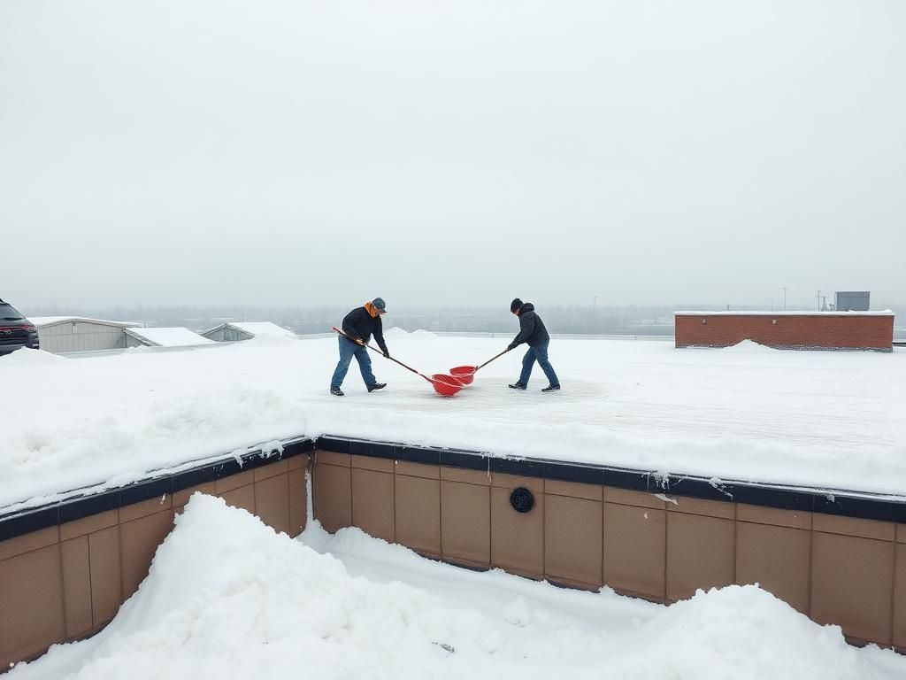 Two people shovel snow on a rooftop beside a red snow blower.