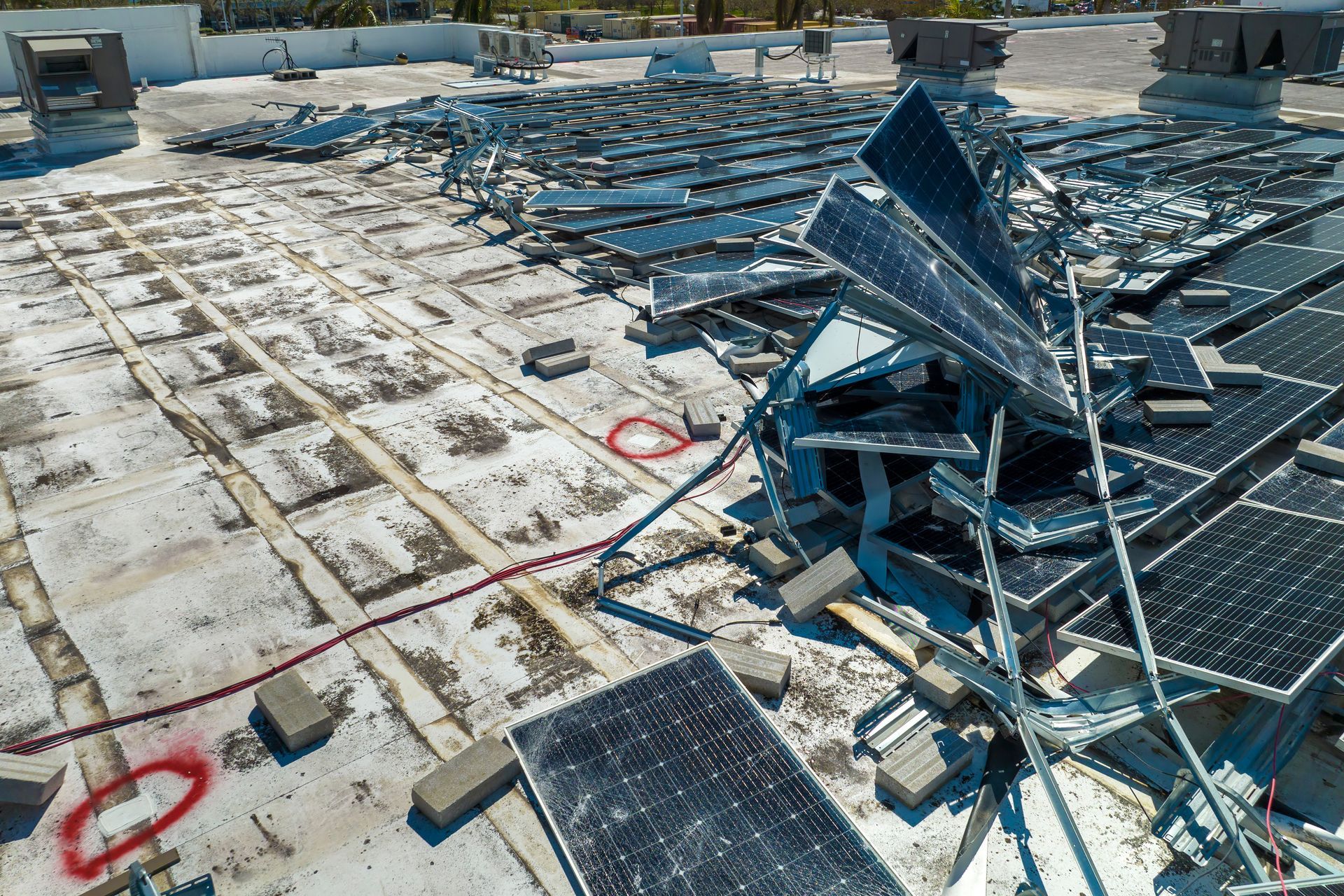 Damaged rooftop solar panels scattered across a flat roof after storm damage