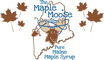 Logo: moose with blue antlers, Maine outline, maple leaves, text "The Maple Moose Pure Maine Maple Syrup."