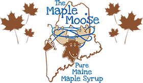 Logo: moose with blue antlers, Maine outline, maple leaves, text "The Maple Moose Pure Maine Maple Syrup."