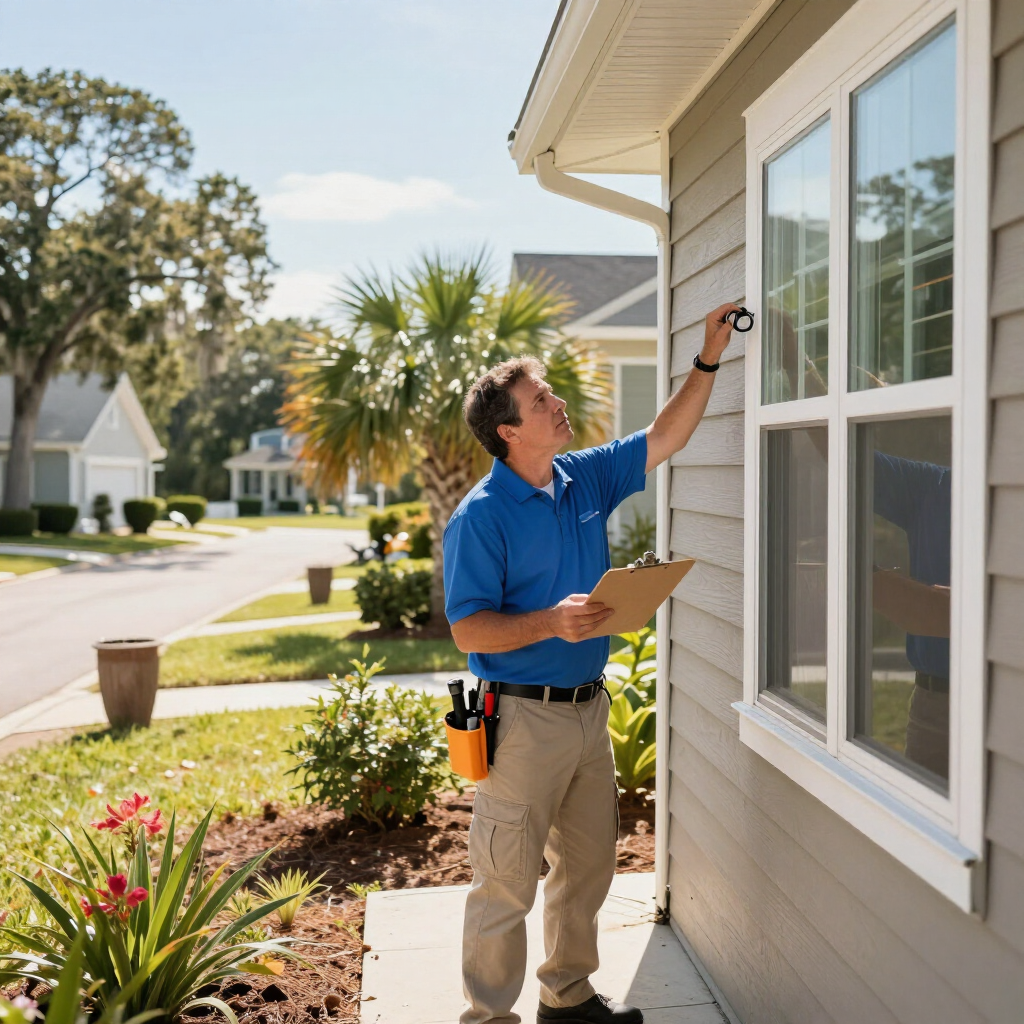 Technician painting a house exterior beside a window on a sunny suburban street