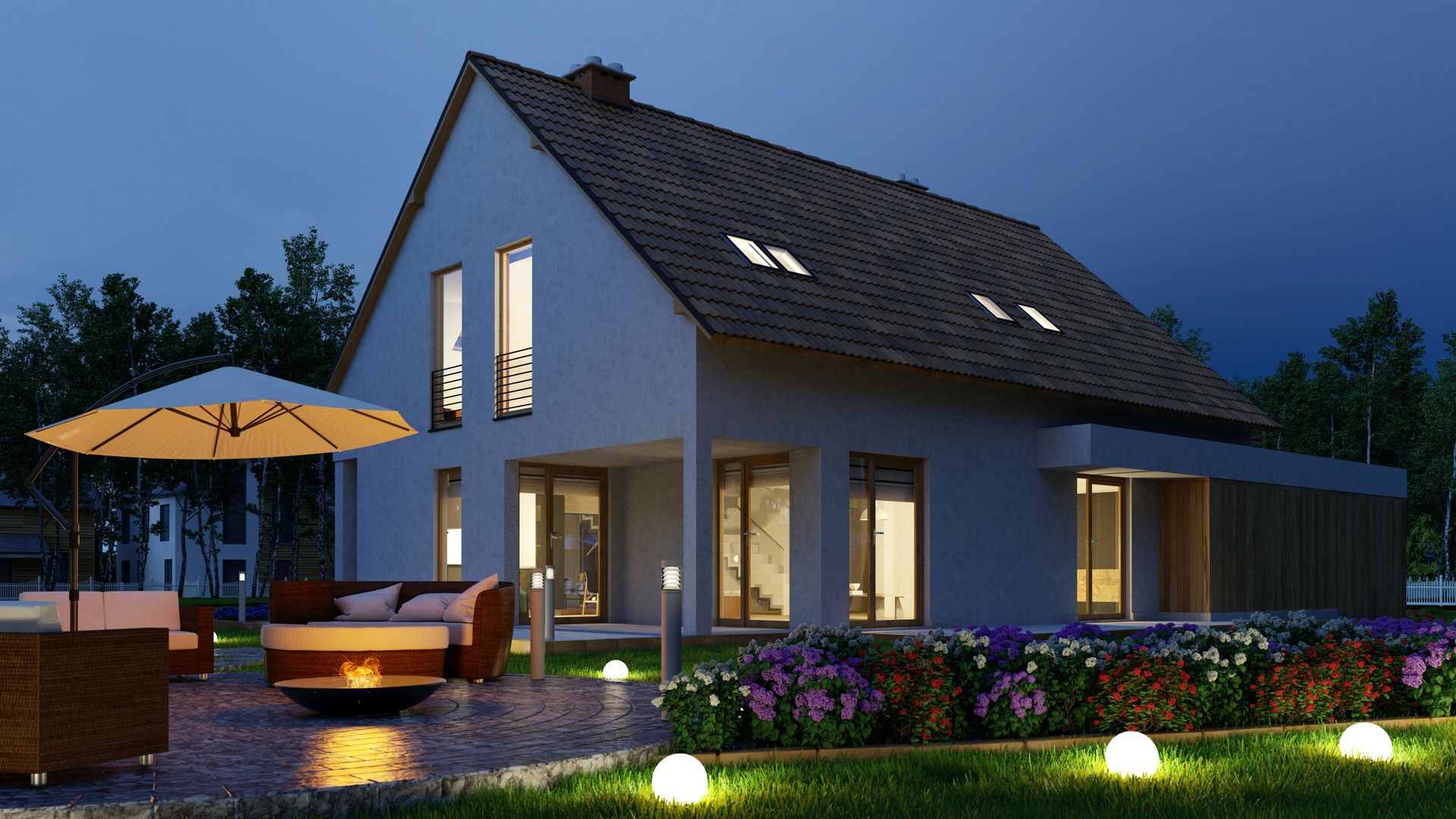 Maison moderne au crépuscule, fenêtres éclairées, parasol et allée de jardin aménagée