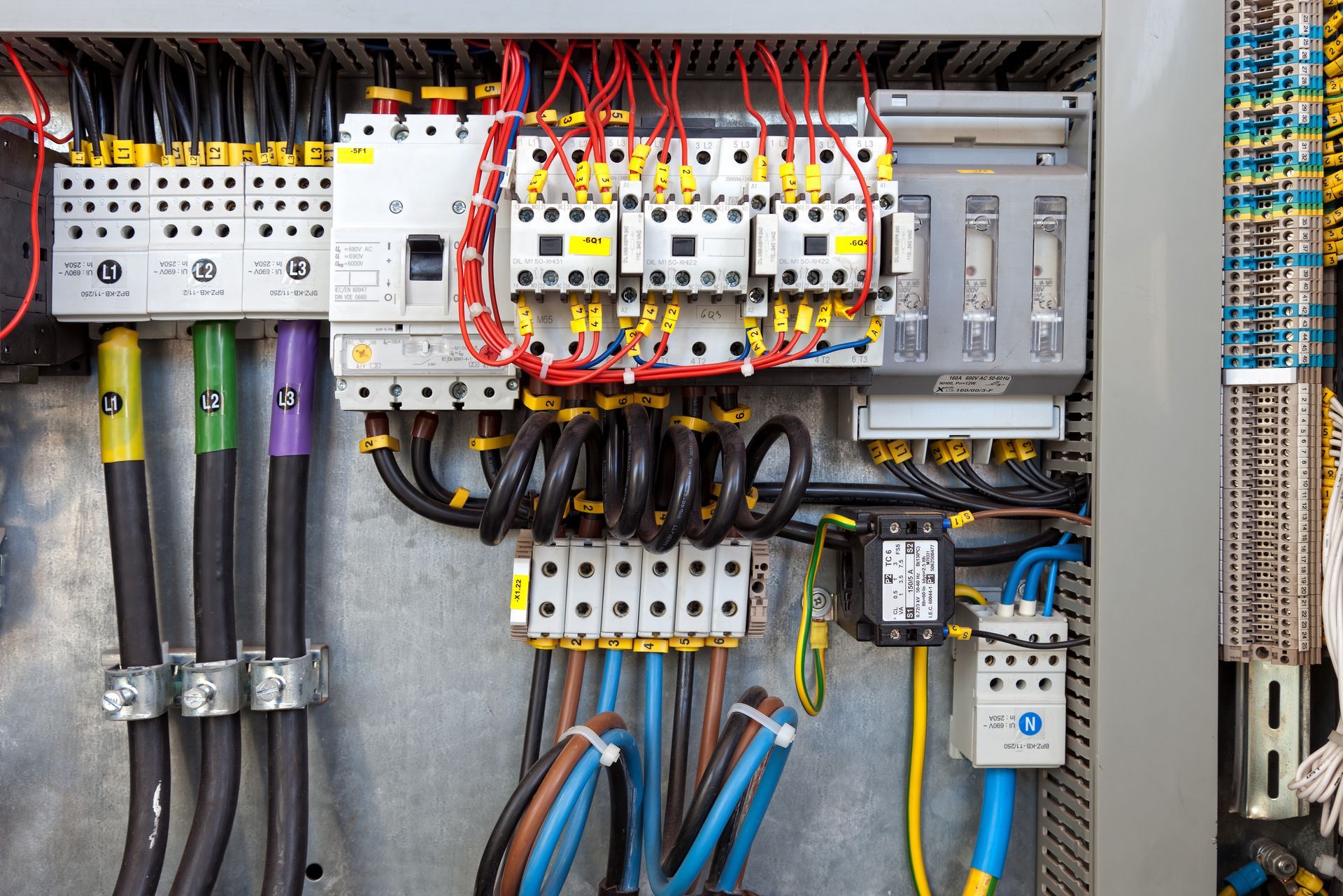 Panneau électrique avec disjoncteurs, câbles rouge et noir, et composants de distribution.