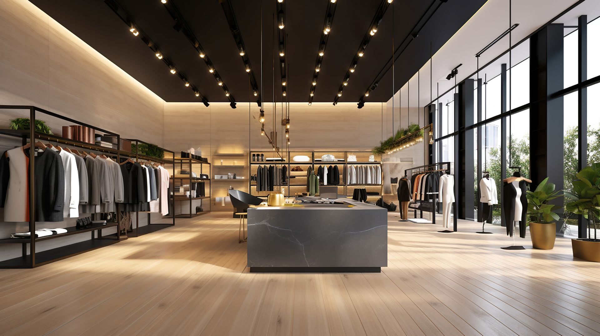 Boutique de vêtements moderne avec portants, table d'exposition centrale et grandes vitrines