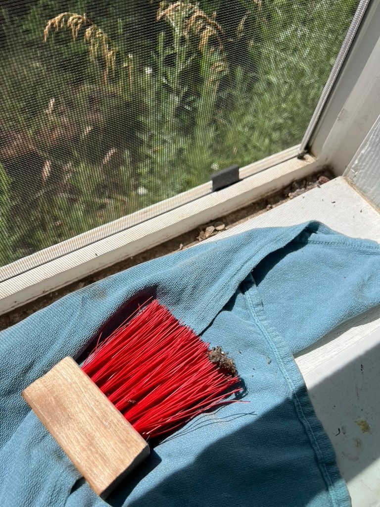 Red-handled brush on a blue towel by a screened window with greenery outside