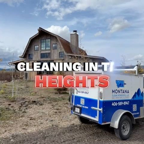 Cleaning in the Heights text over a mountain house and a blue Montana trailer in a rural yard