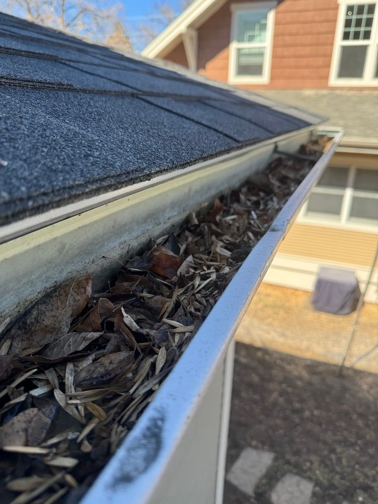 Clogged roof gutter filled with leaves beside a house