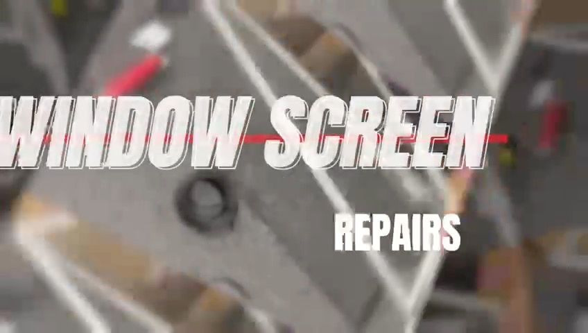 Window screen repairs text over a blurred storefront sign.
