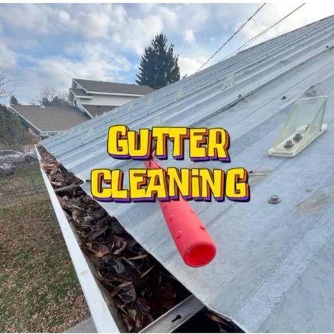 Roof gutter full of leaves with gutter cleaning tool and bold “GUTTER CLEANING” text