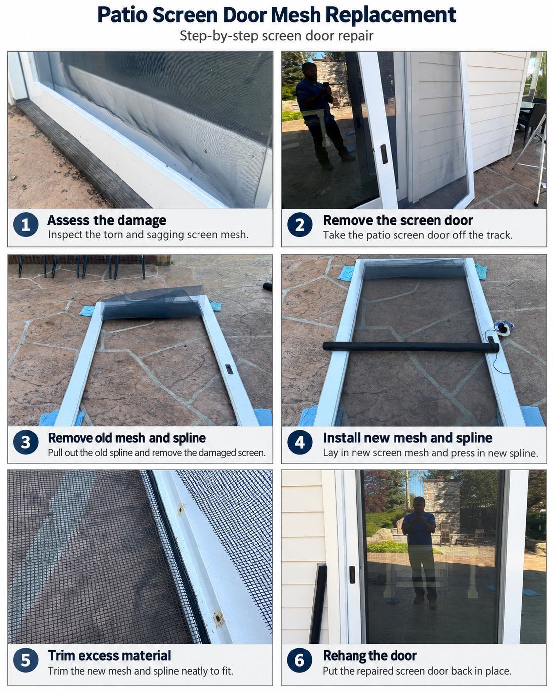 Alt text for the collage: Six-step patio screen door mesh replacement in Bozeman, MT