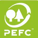 PEFC logo: White tree and evergreen icons within a recycling symbol on a green background.