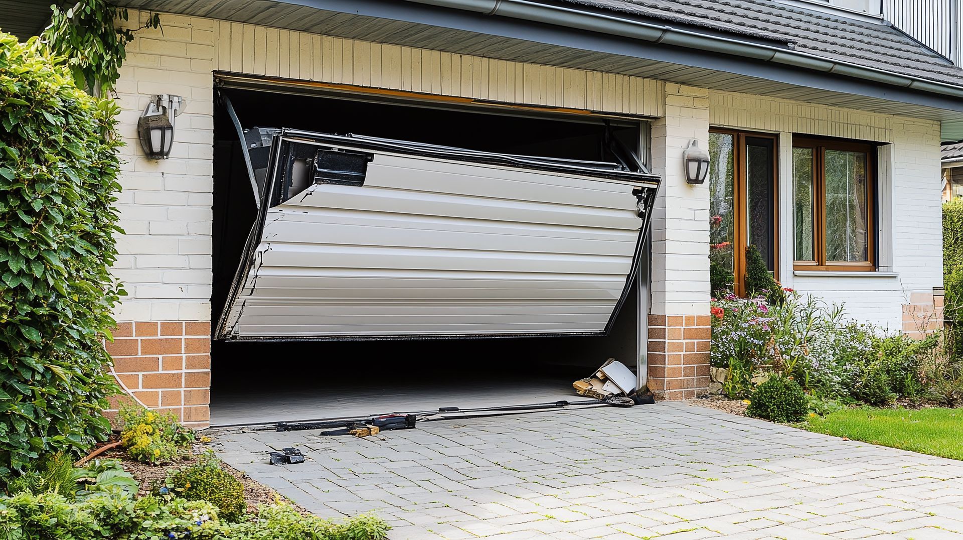 Detached garage with a bent, partially collapsed door in a suburban driveway
