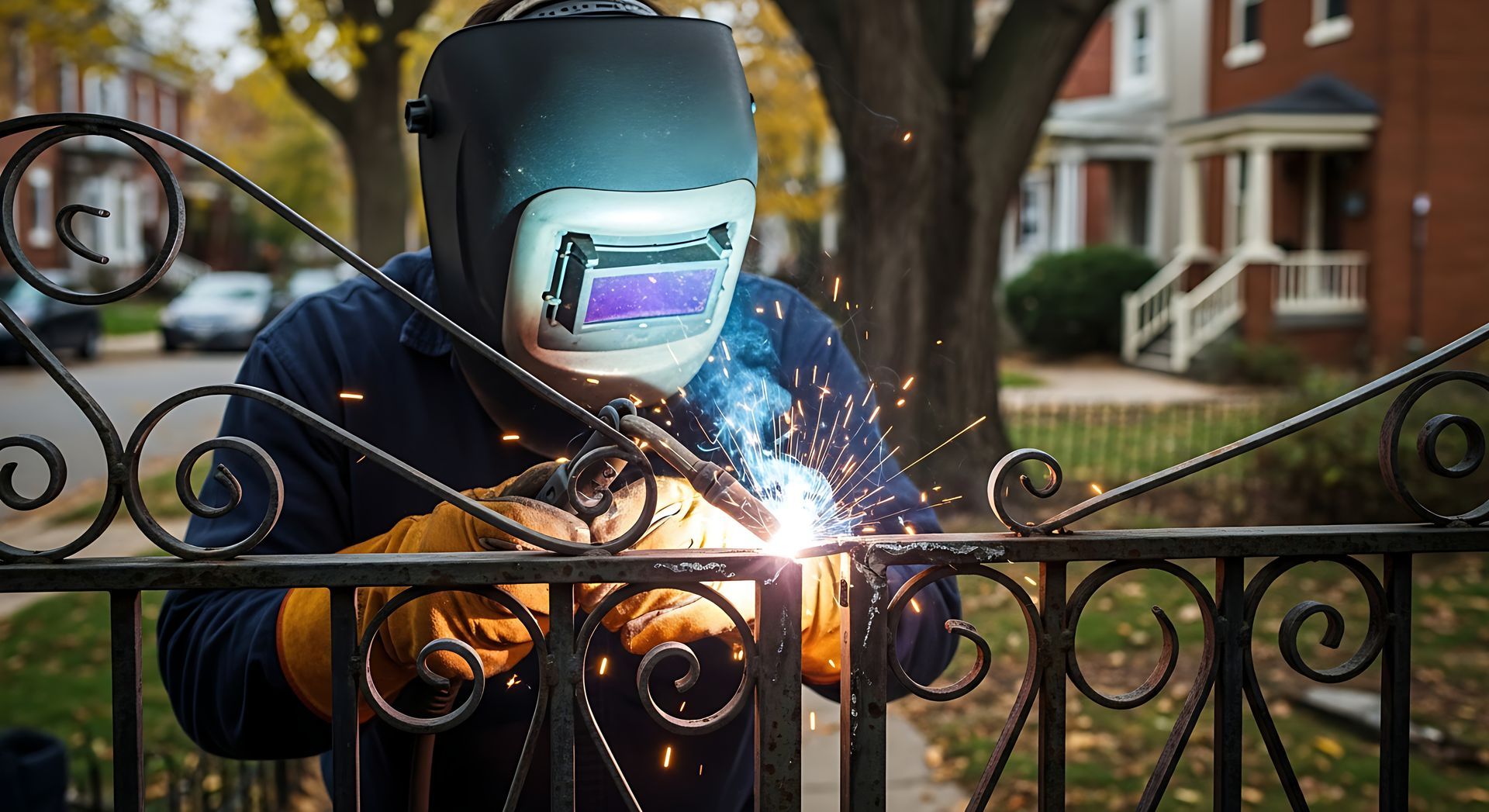 Welder in a helmet welding a black metal gate outdoors, sparks flying at dusk.