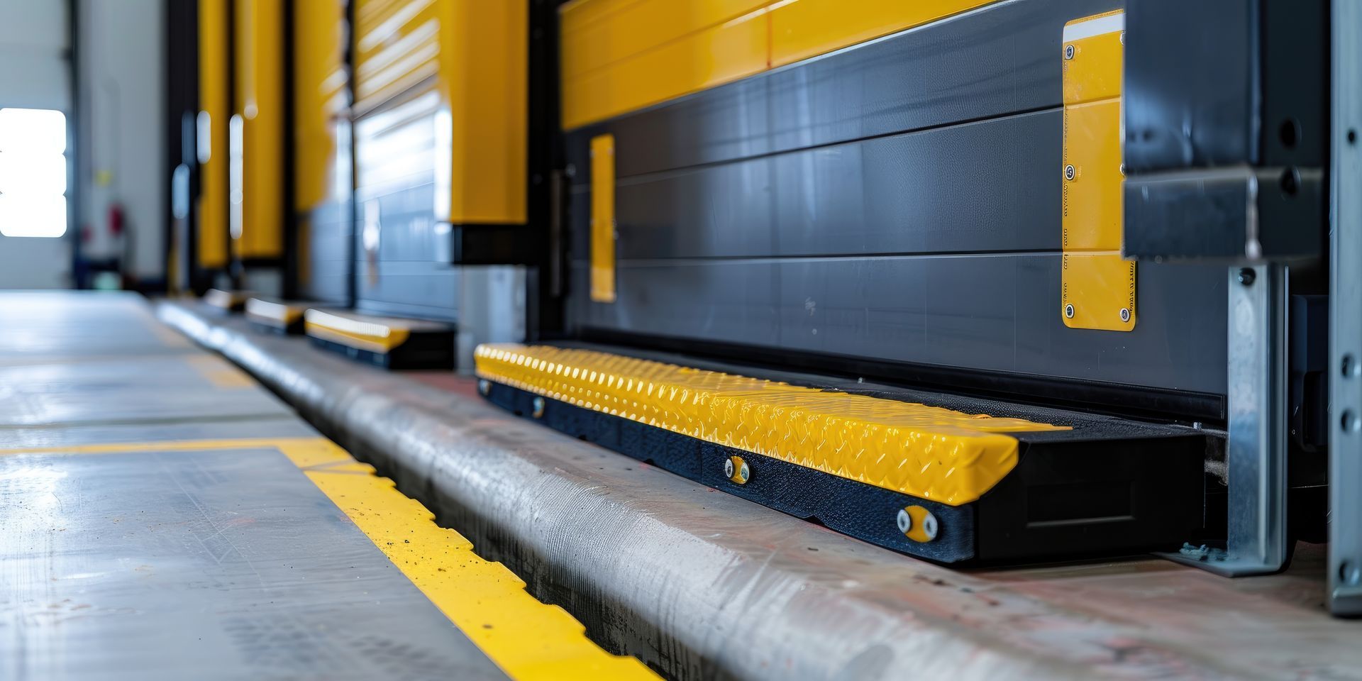 Yellow loading dock doors and ramp at an industrial warehouse loading bay