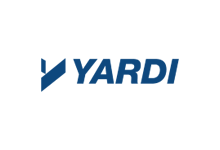 Yardi logo in blue text with a stylized blue icon on a white background