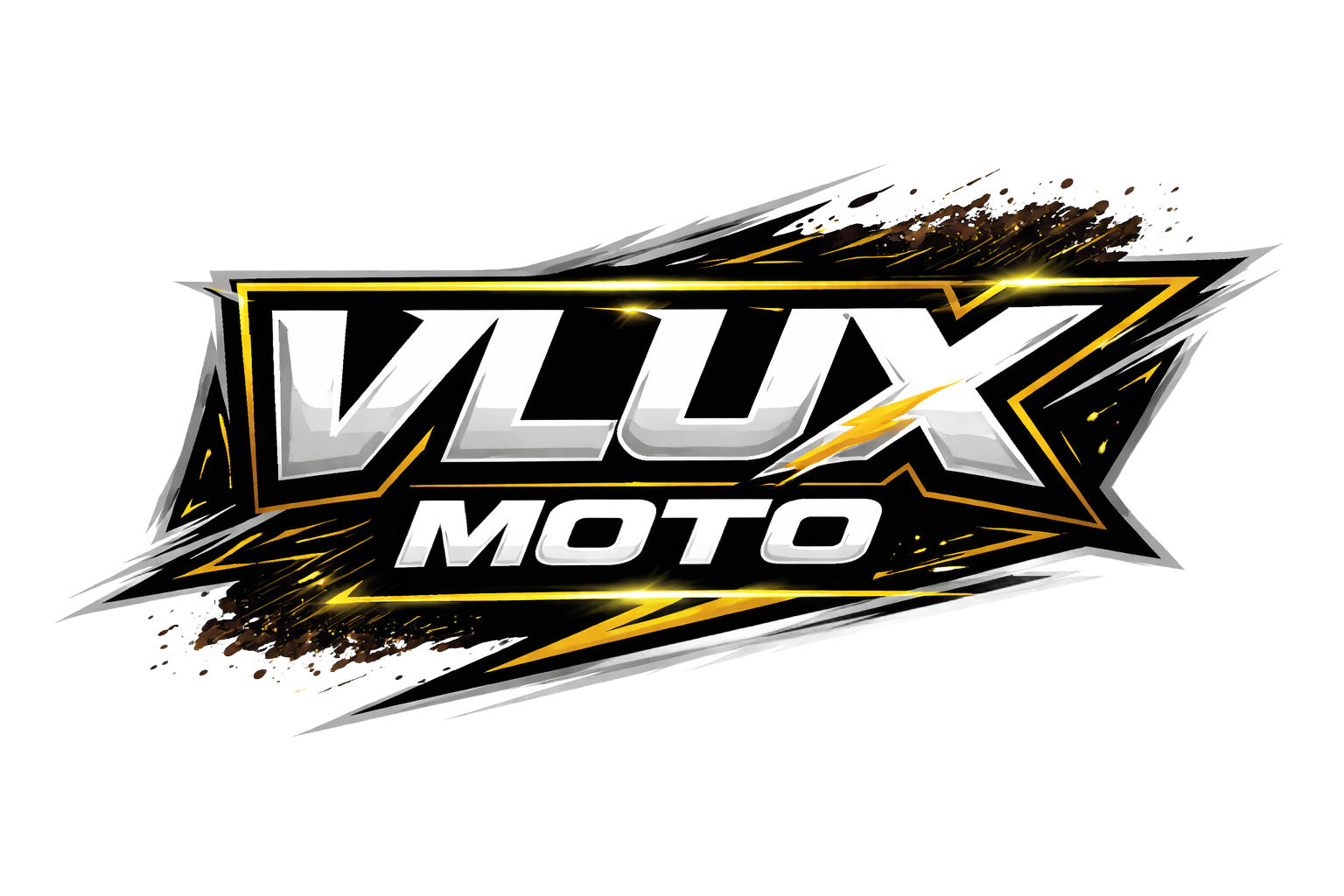 VLUX MOTO logo with black, gold, and white text on a dirty background.