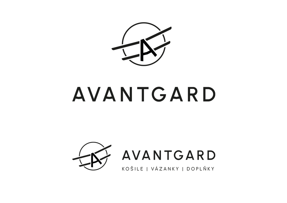 Logo AVANTGARD se stylizovaným kruhem a diagonálními čarami, černé na bílém podkladu