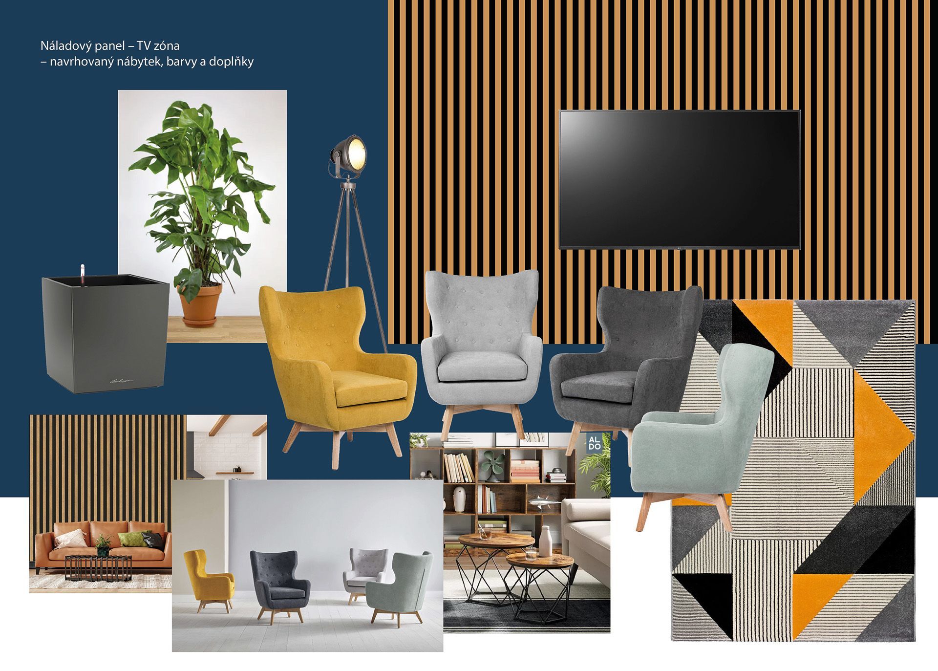 Návrh moodboard chill zone s modrými, hnědými a šedými židlemi, nástěnnou televizí, rostlinami a geometrickým dekorem