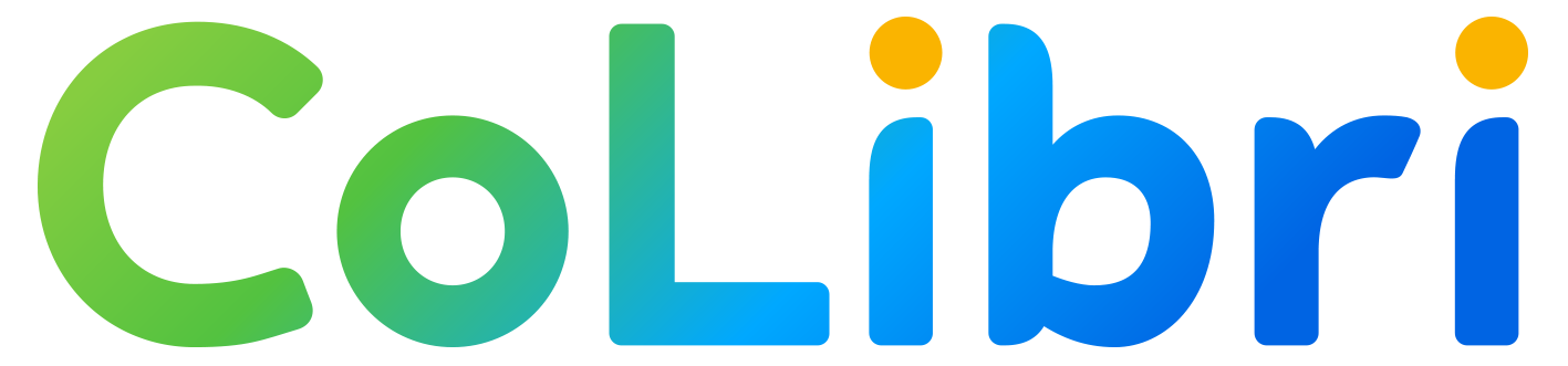 Logo CoLibri v zeleném a modrém textu s limetkově zeleným zakřiveným obloukem nad písmeny