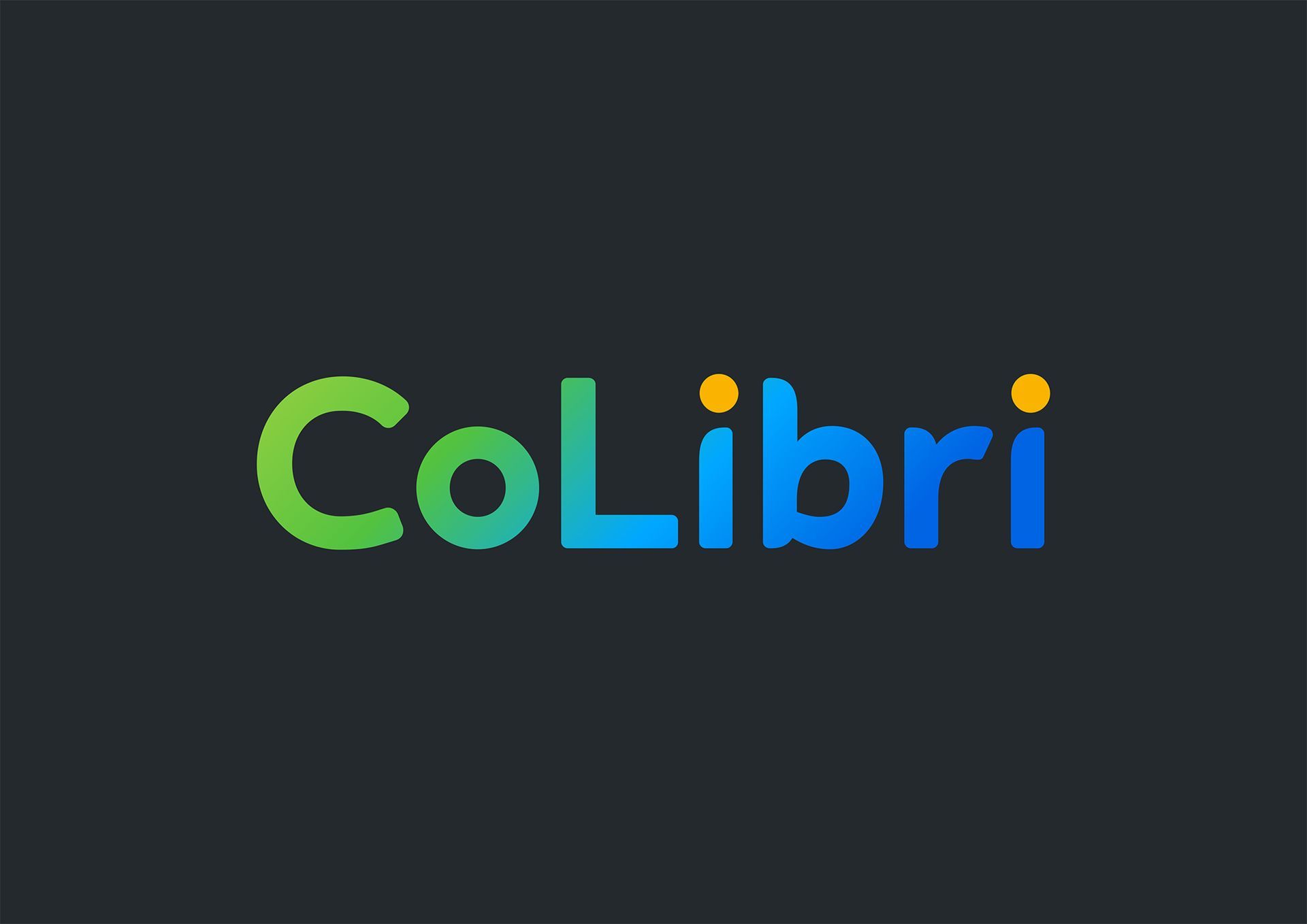 Barevné logo „CoLibri“ na tmavém pozadí se zelenými, tyrkysovými a modrými písmeny.