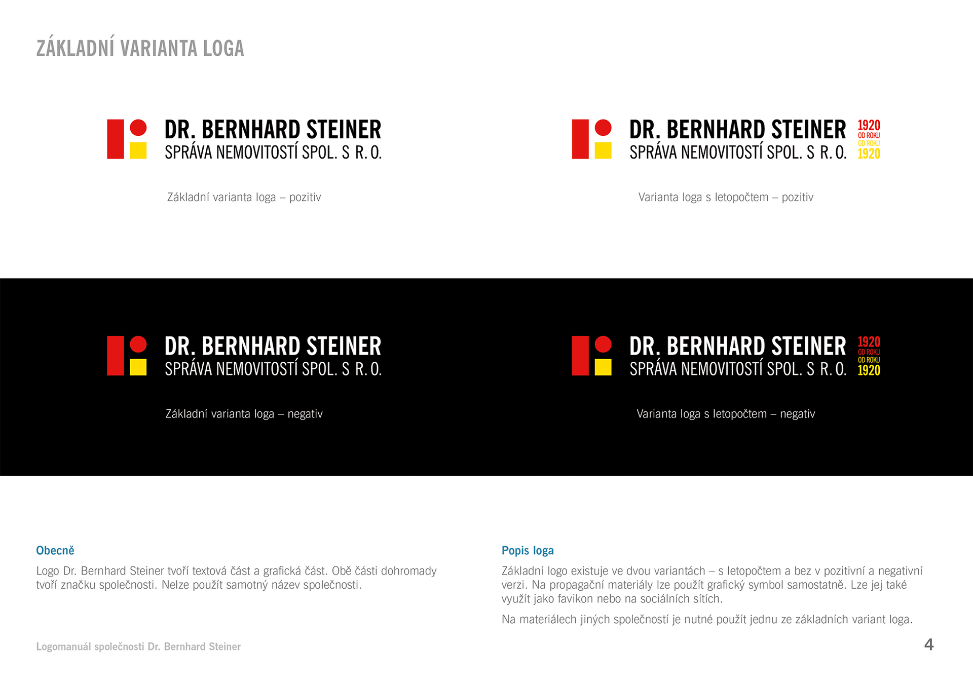 Čtyři varianty loga pro Dr. Bernharda Steinera v červené, černé a bílé barvě na čistém rozvržení
