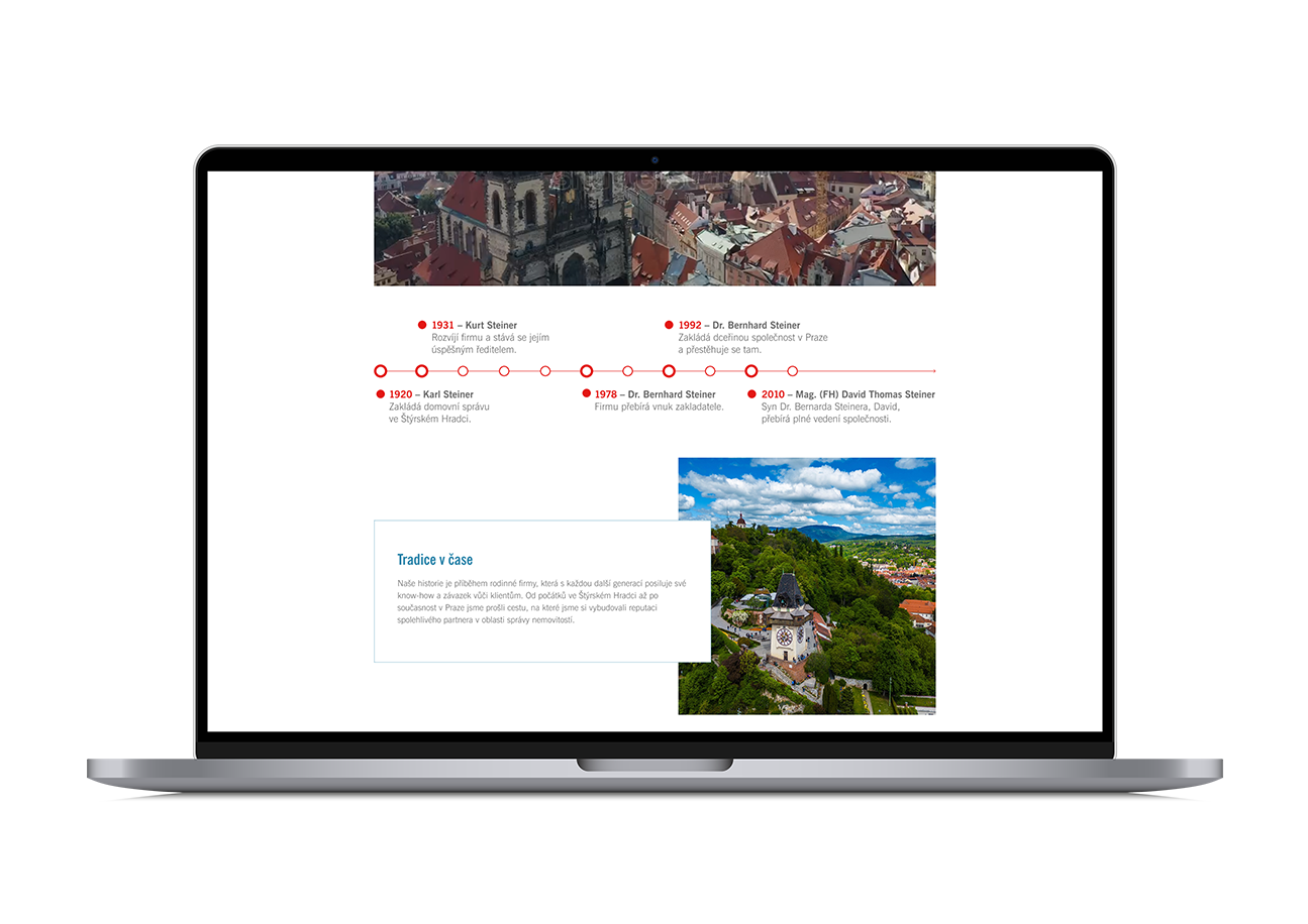 Obrazovka notebooku zobrazující cestovní web s textem, ikonami a malebnými fotografiemi města a krajiny