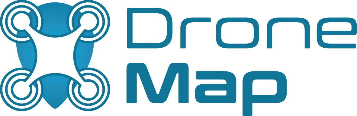 Logo DroneMap s modrou ikonou dronu a stylizovaným modrým textem na bílém pozadí