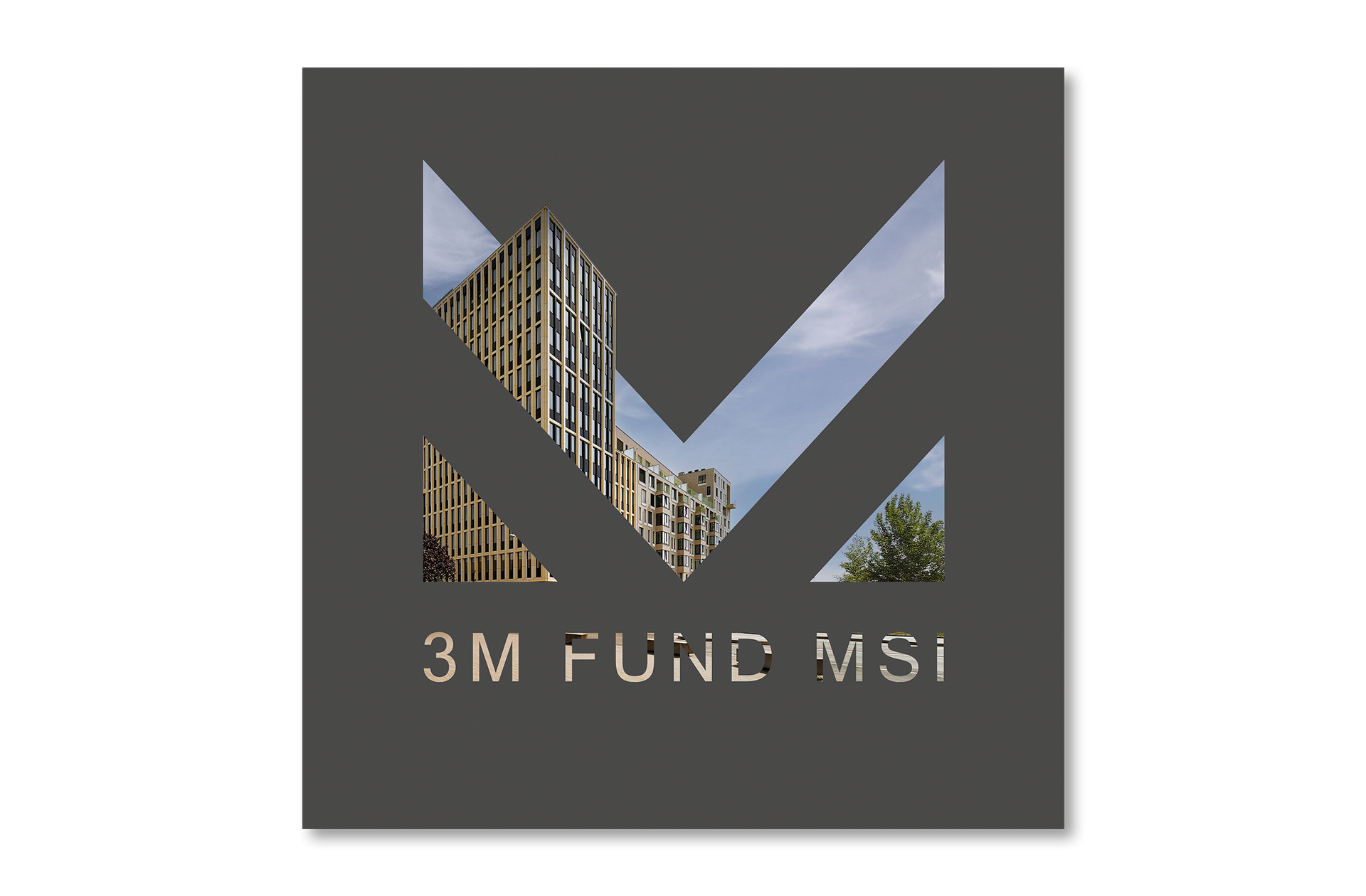 Tmavé čtvercové logo s kovovým šípem a výřezem pro městskou krajinu, s nápisem „3M FUND MSI“.