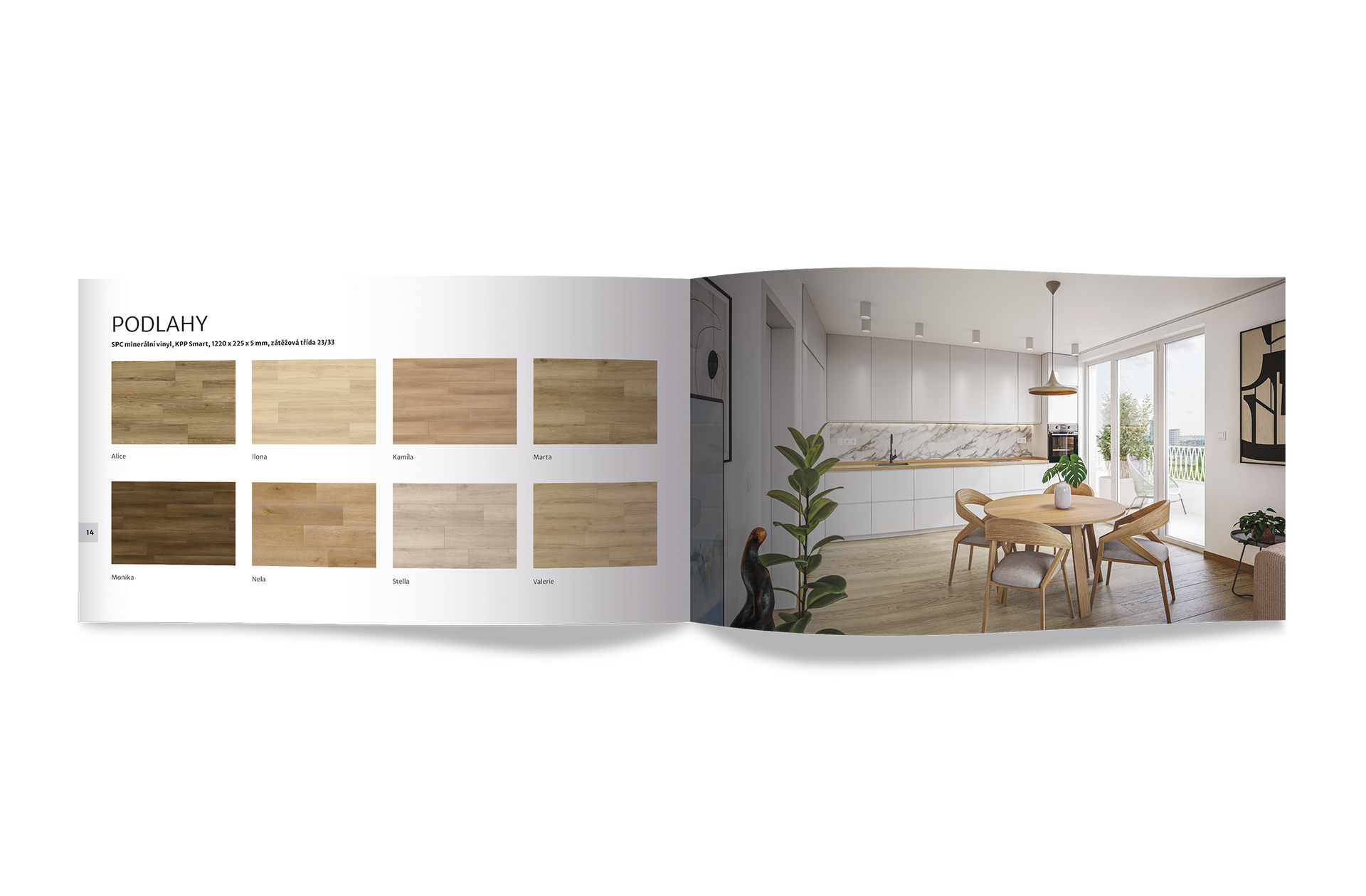 Otevřený katalog s ukázkami dřevěných povrchů a interiérem světlého moderního jídelního koutu