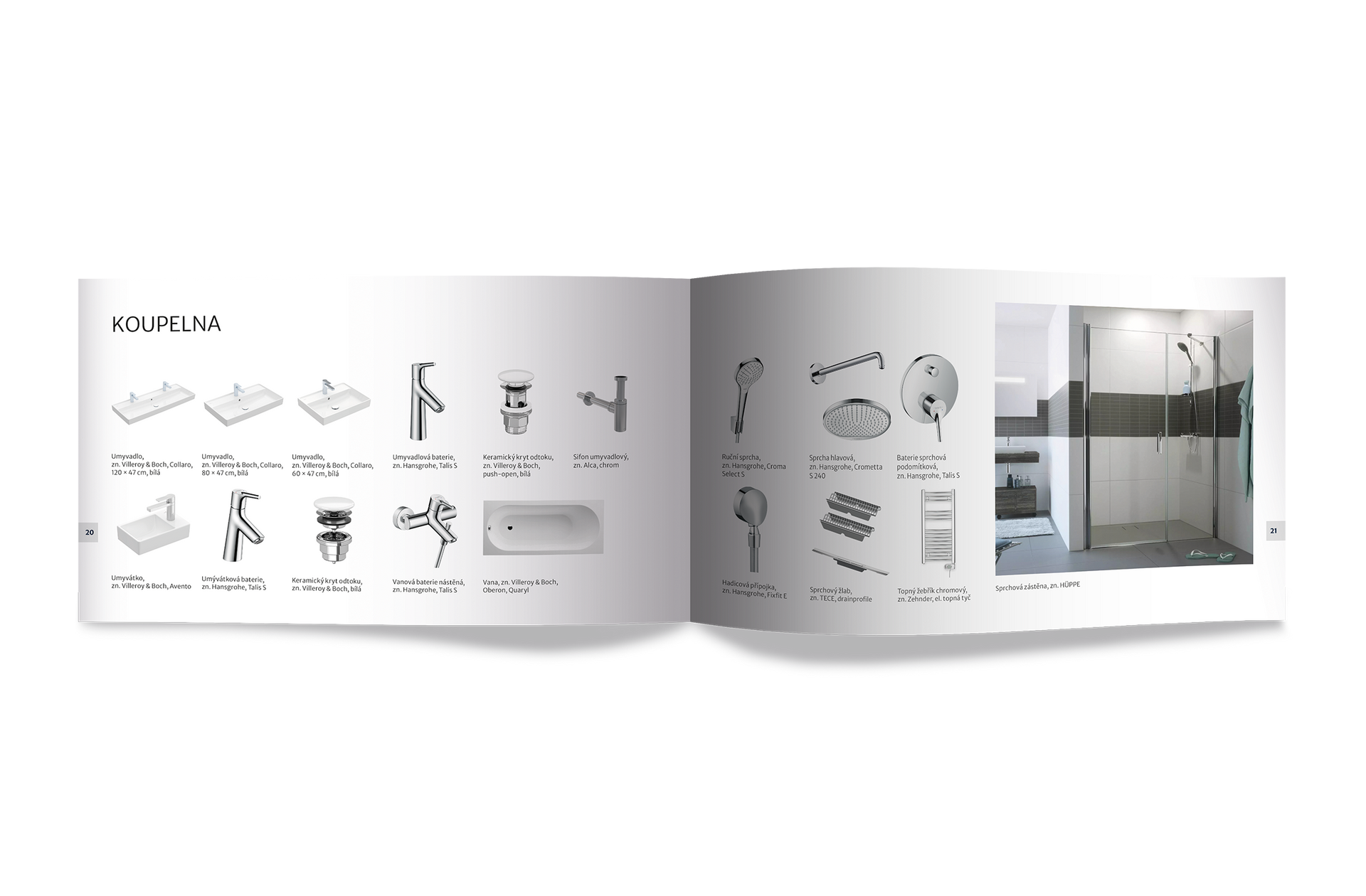 Otevřená brožura s diagramy produktů vlevo a fotografiemi místností v odstínech šedi vpravo